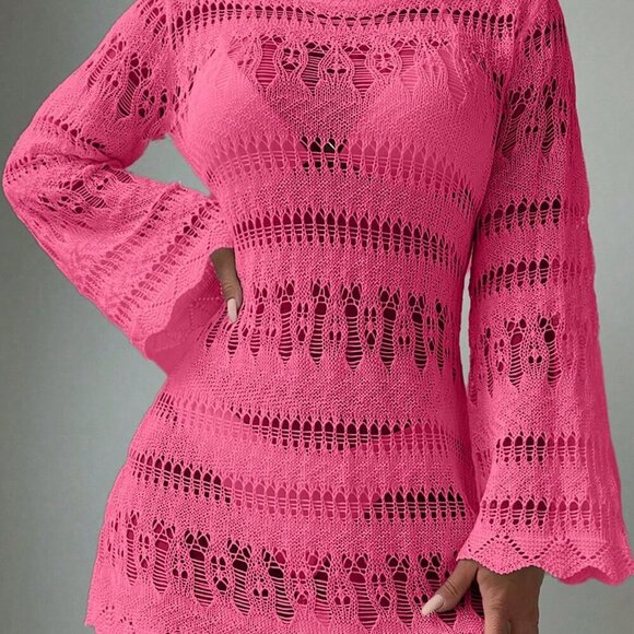 Hot Pink Boho Women's Plain Crew Neck Long Sleeve Hollow Out Casual Cover Up - Picture 1 of 4